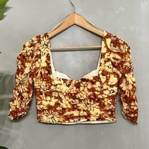 3/$30 _ ZARA | orange brown sweetheart  floral geometric retro crop top - small - Picture 6 of 9